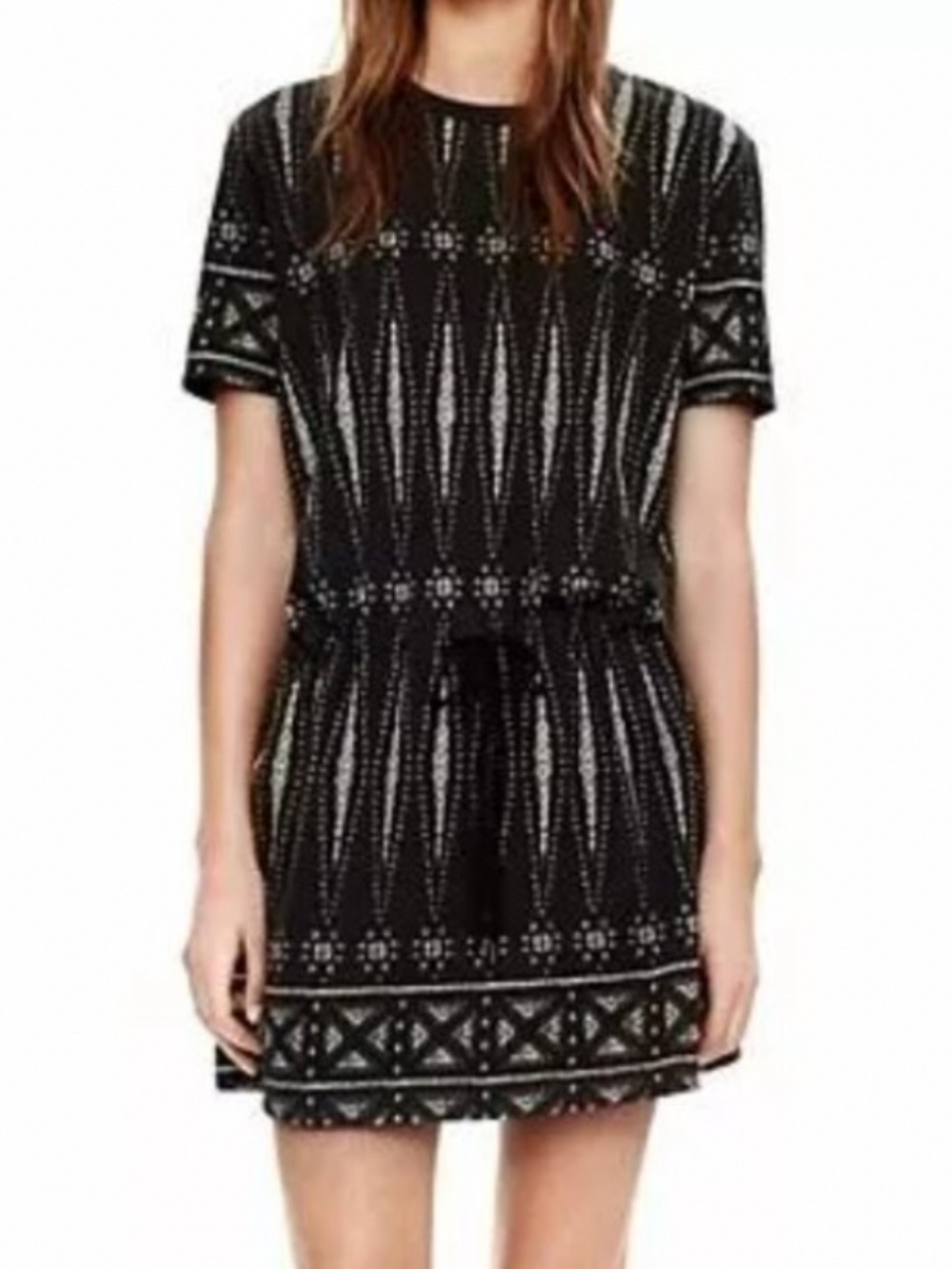 Tory Burch Bologa Knit Aztec Boho Pima Cotton Drawstring Short Sleeve Dress (S)